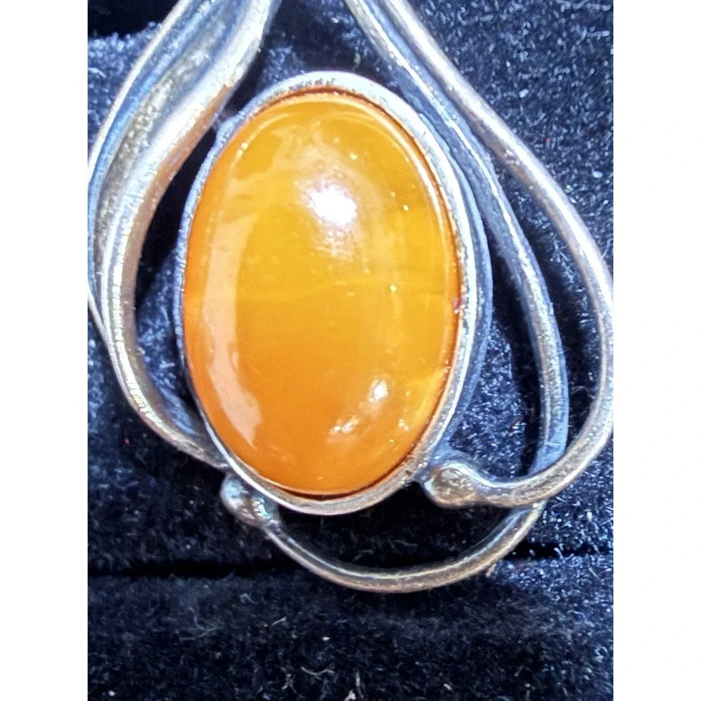Large Chunky Vintage Sterling Silver Baltic Egg Yolk Amber Drop Pendant 925